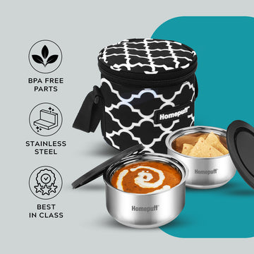 Steel Lunch Box- Set of 2, with Bag- Black